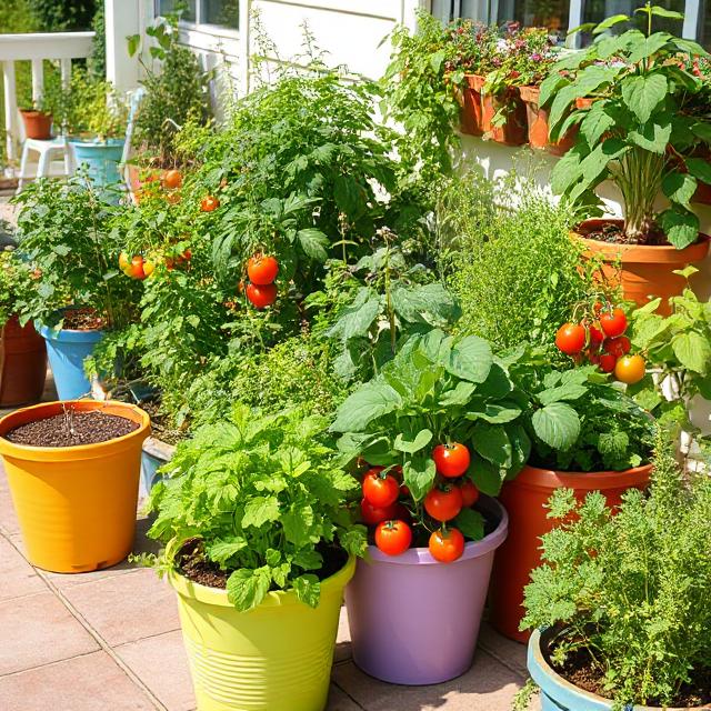 Container garden with various vegetables for small spaces