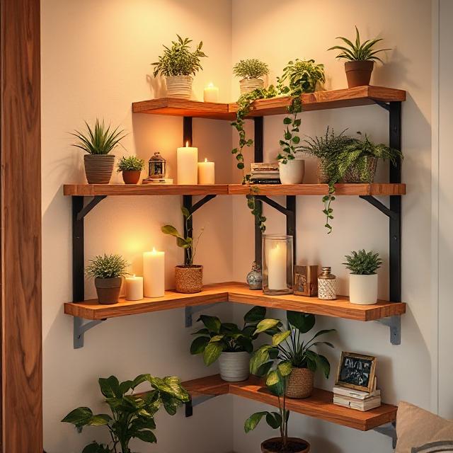 Corner shelves with small plants and decorative items