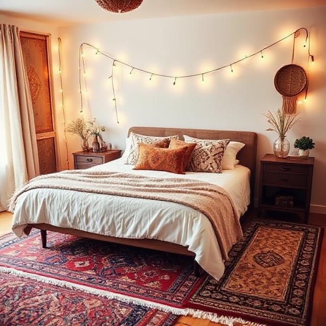 Cozy Boho bedroom décor with handmade details and string lights.
