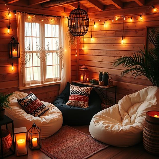 10 Outdoor Boho Patio Ideas for a Cozy Backyard Retreat (2025) 8 Cozy Boho lounge corner with bean bags, lanterns, and fairy lights.