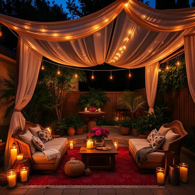 10 Outdoor Boho Patio Ideas for a Cozy Backyard Retreat (2025) 12 Cozy Boho patio at night with canopy and candles glowing