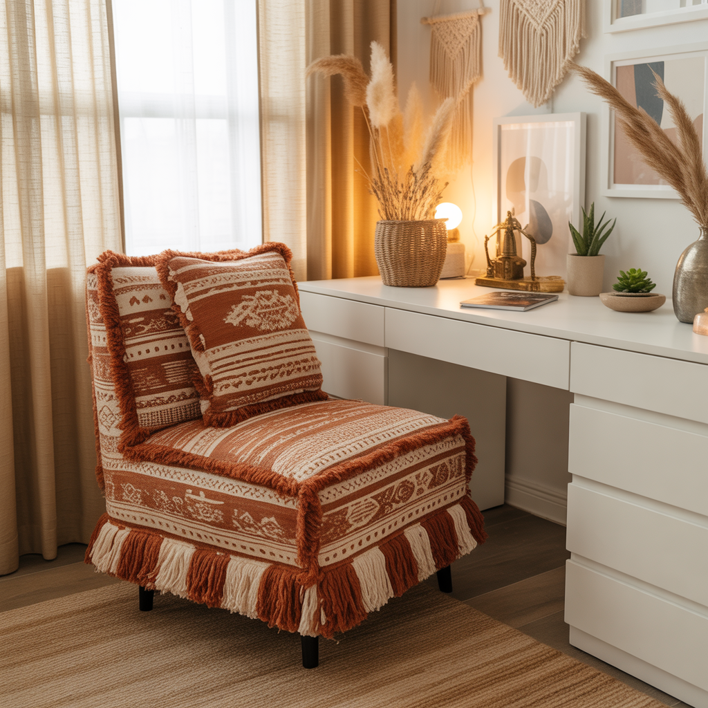 10 Modern Boho Home Office Ideas for a Creative Workspace 10 Cozy accent chair with boho upholstery in a Modern Boho Home Office Ideas setup.