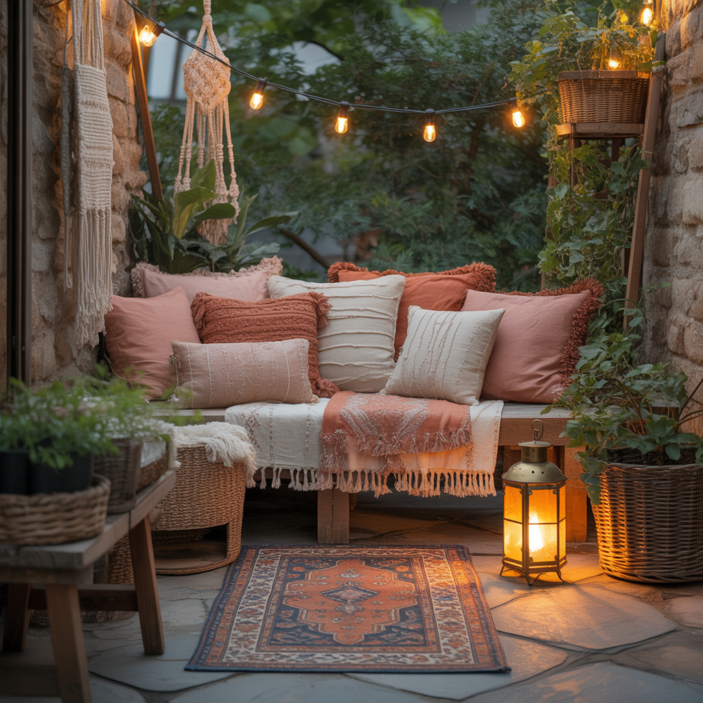 Outdoor Boho Patio Ideas for a Cozy Backyard Retreat 10 Cozy boho patio corner with a cushioned bench, small rug, and lantern.