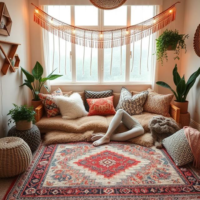20 Modern Boho Home Décor Ideas for a Stylish 2025 Makeover 15 Cozy boho reading nook with layered rugs, pillows, and warm lighting.