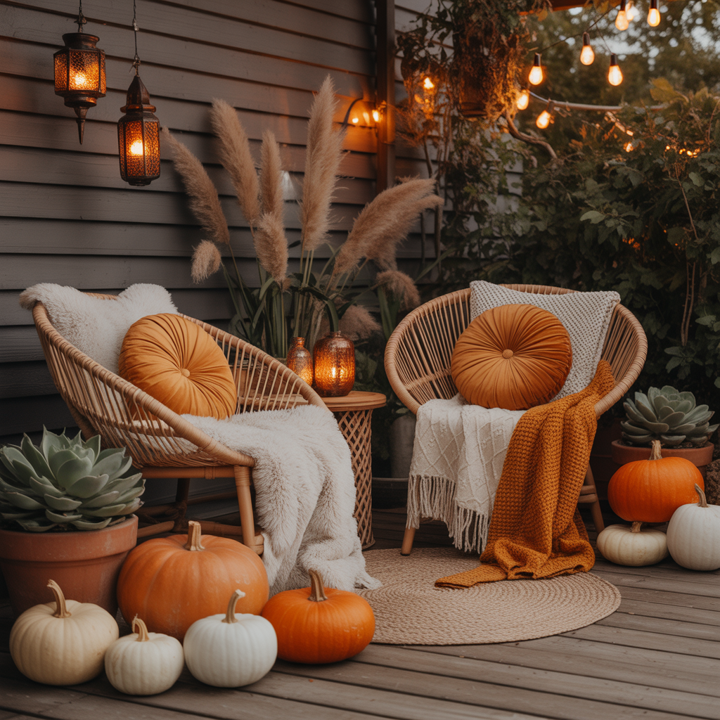 10 Boho Halloween Porch Ideas for a Cozy Outdoor Vibe 6 Cozy boho seating area with rattan chair, throws, and black candles on a Halloween porch.