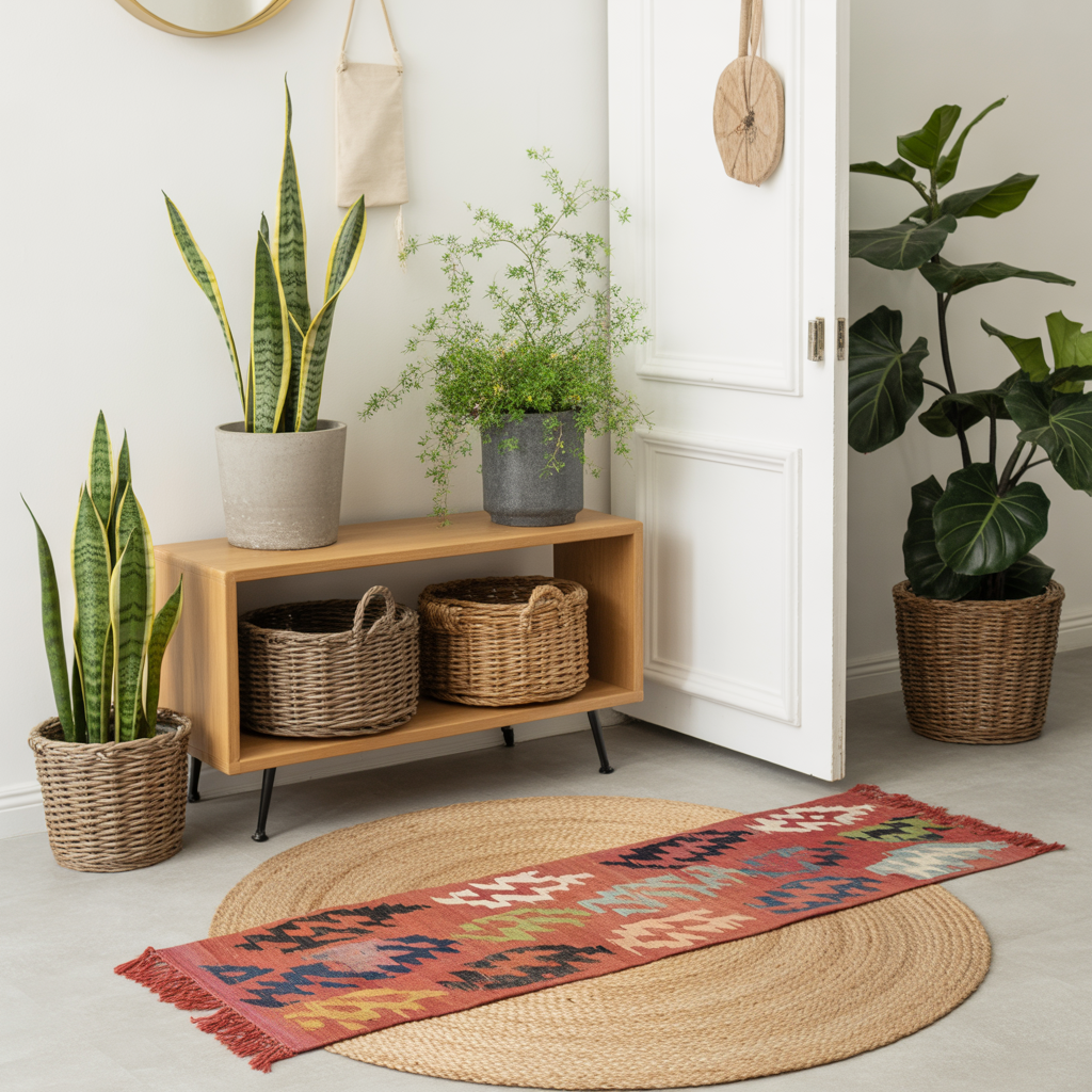 10 Stunning Boho Entryway Ideas for a Warm, Welcoming Home 3 Cozy entryway showcasing Boho Entryway Ideas with layered jute and kilim rugs, potted plants, and a wooden console.