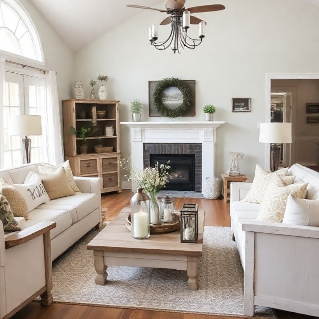Cozy farmhouse living room decorated with DIY rustic farmhouse décor accents