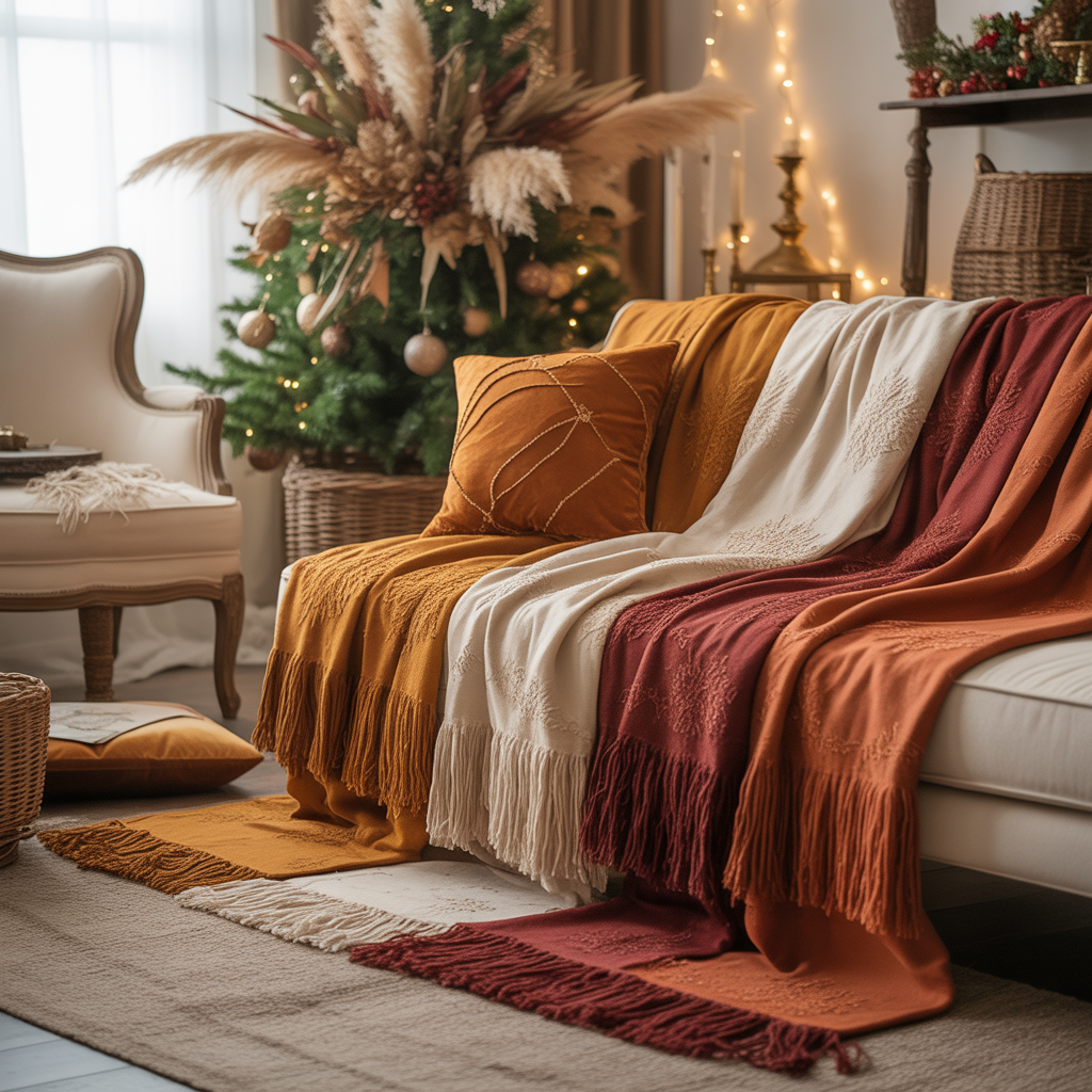 10 Stunning Boho Christmas Décor Ideas for a Whimsical Holiday Look 4 Cozy fringed throws in a Boho Christmas Décor Ideas holiday setup.