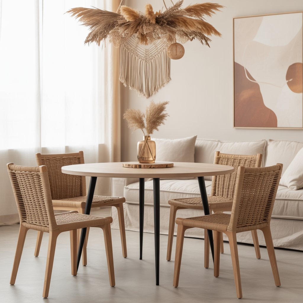 How to Mix Boho and Minimalist Styles for a Balanced Look 12 Cozy minimalist boho living space with rattan chair, soft lighting, and layered textiles.