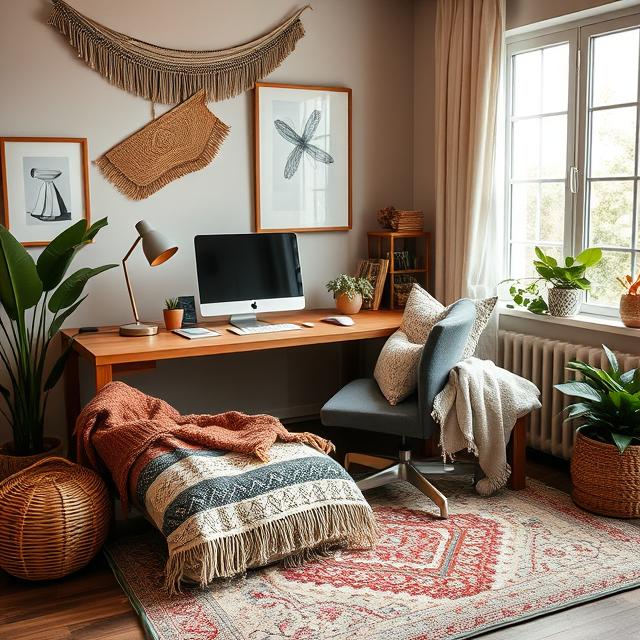 10 Genius Modern Boho Home Office Ideas for a Creative & Inspiring Workspace (2025) 7 Cozy modern Boho office with layered cushions and throw blankets.