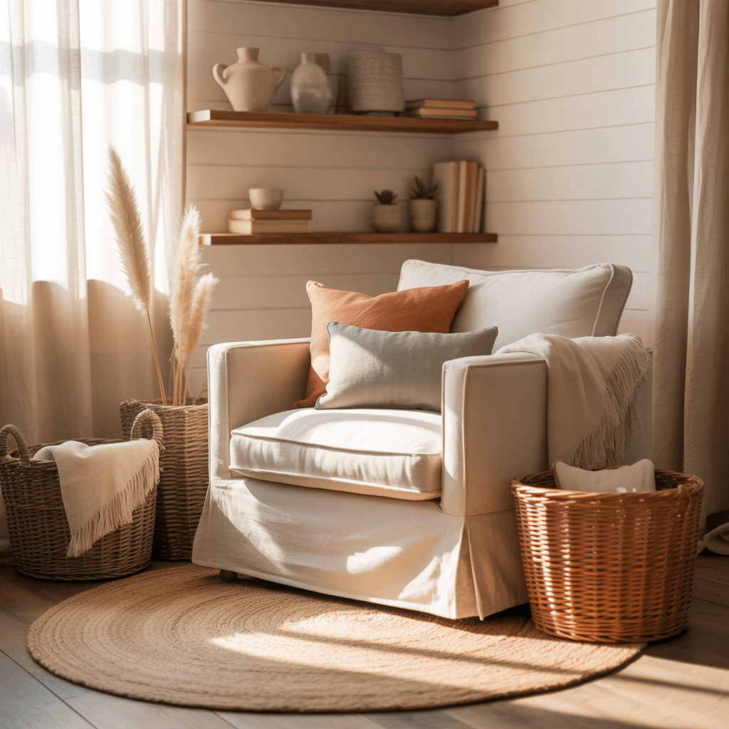 Cozy neutral nook in a Neutral Boho Home Style corner.