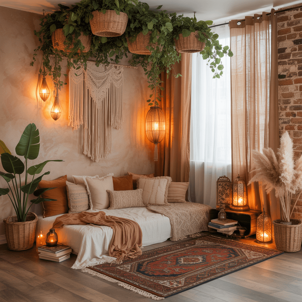 Cozy reading nook in a Boho Aesthetic Room Décor corner.