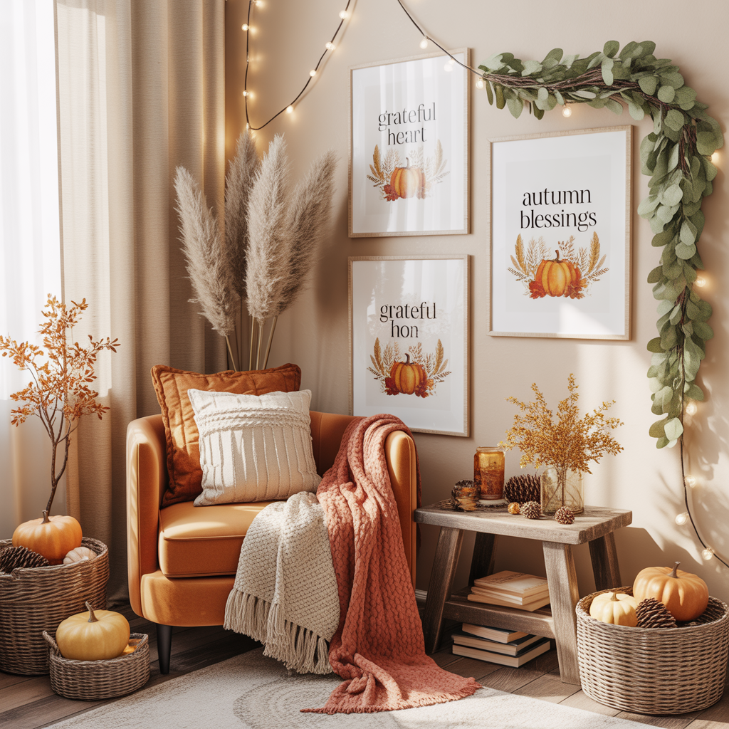 10 Cozy Boho Fall Home Décor Ideas with Free Wall Art Printables 12 Cozy reading nook with harvest printables in a Boho Fall Home Décor corner.