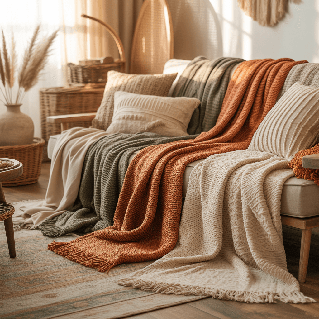 Cozy textured throws in a Boho Aesthetic Room Décor setup.