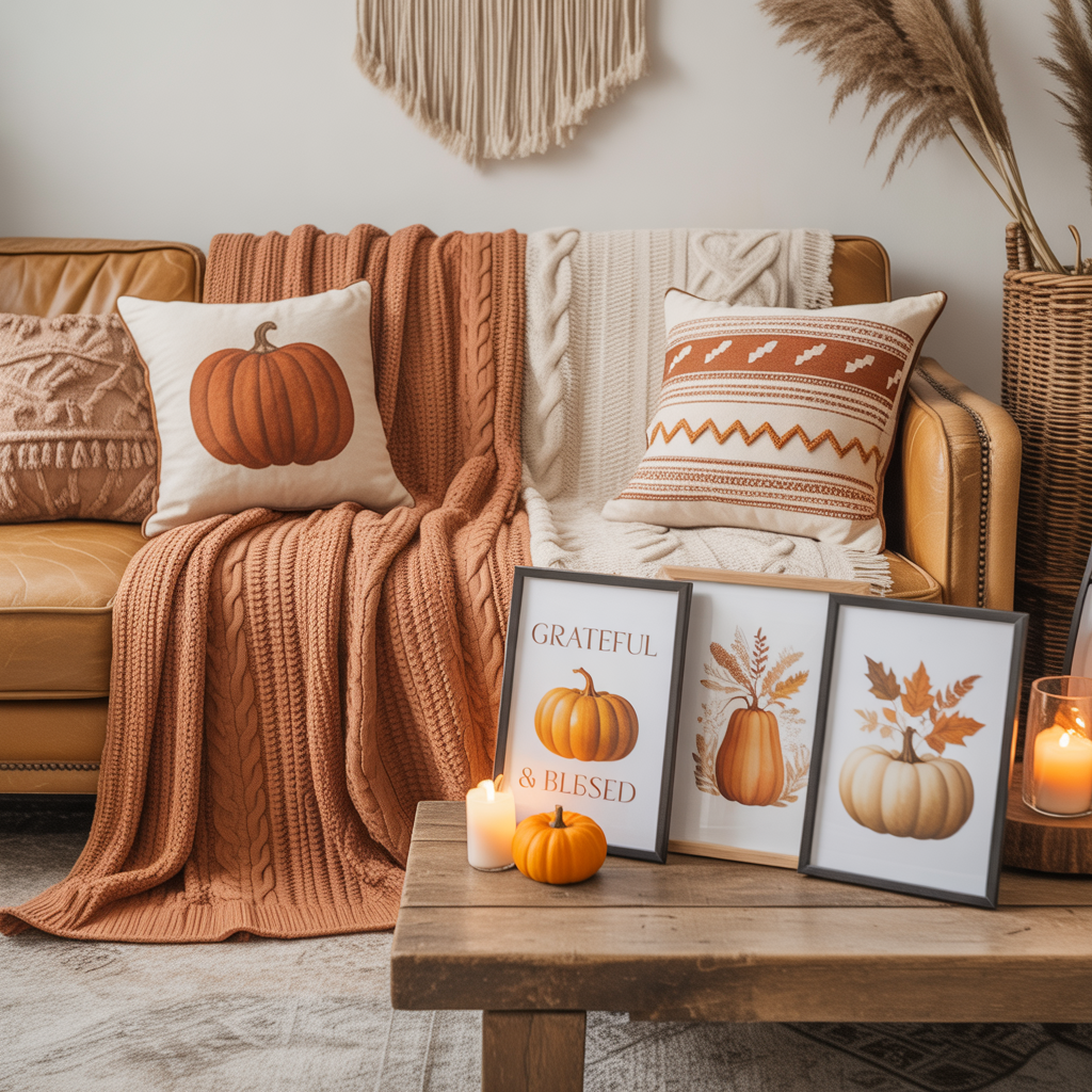 10 Cozy Boho Fall Home Décor Ideas with Free Wall Art Printables 6 Cozy textured throws with pumpkin printables in a Boho Fall Home Décor setup.