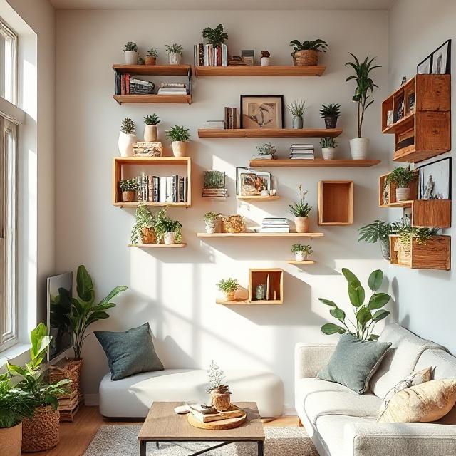 Creative DIY shelf ideas for small spaces with floating shelves, ladder shelves, and wall-mounted crates