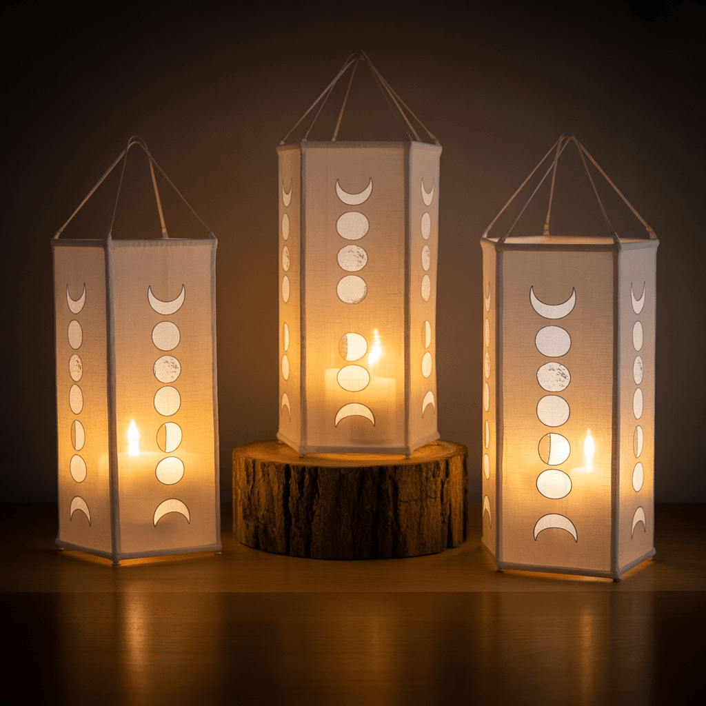 Crochet lantern wraps creating lace-like shadows on a wall.