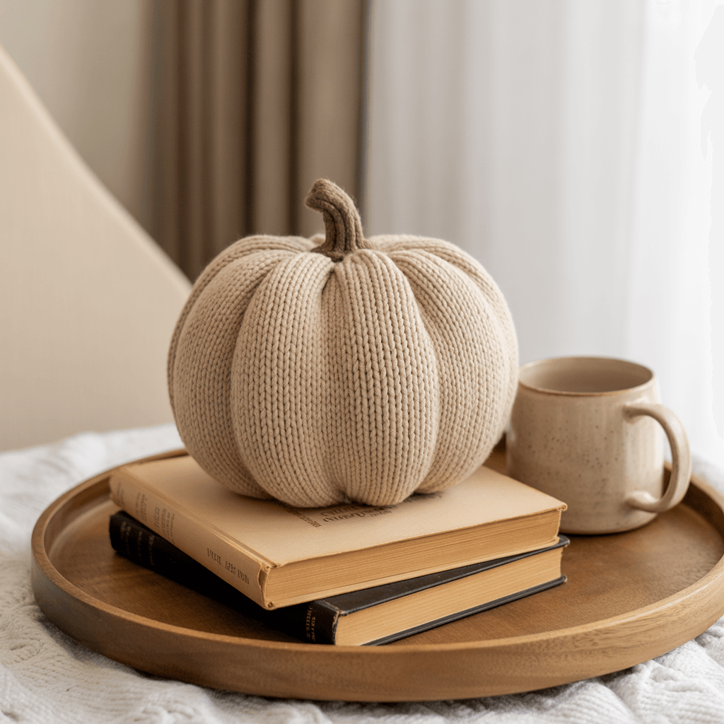 Crocheted pumpkin cover in oatmeal yarn beside a stack of vintage books.
