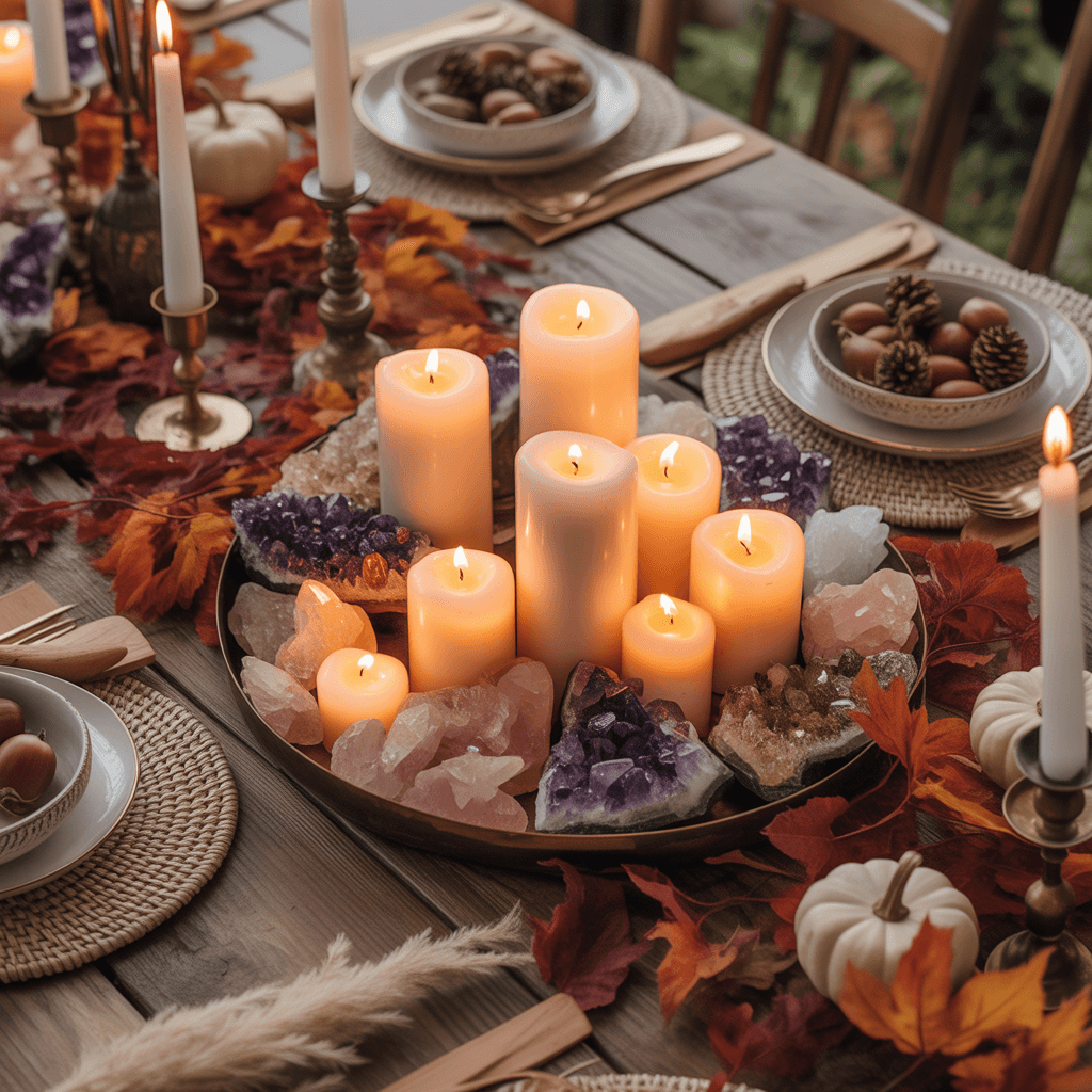 Crystals and stones accenting boho Halloween table.
