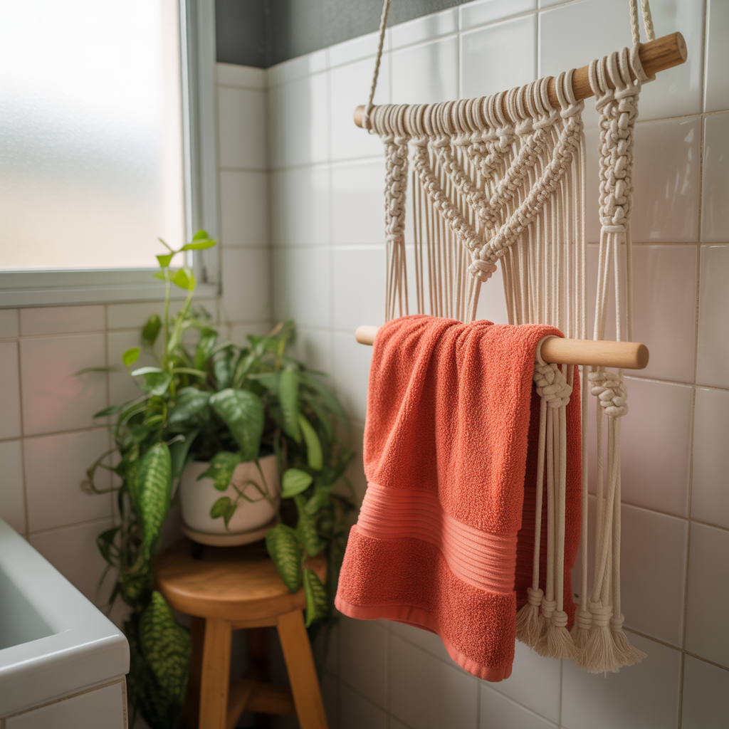 10 DIY Boho Bathroom Accessories You Can Make for Cheap 3 DIY Boho Bathroom Accessories featuring a macramé towel holder for a cozy bathroom with woven accents.