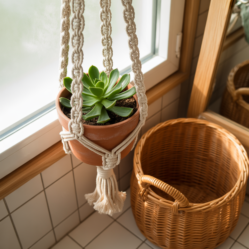 10 DIY Boho Bathroom Accessories You Can Make for Cheap 11 DIY Boho Bathroom Accessories with a macramé plant hanger for a cozy bathroom with woven accents.