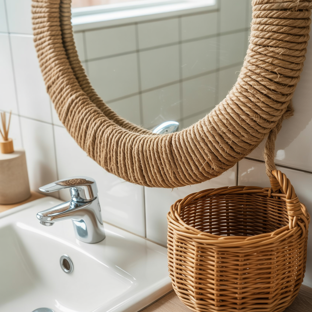 10 DIY Boho Bathroom Accessories You Can Make for Cheap 6 DIY Boho Bathroom Accessories with a rope-wrapped mirror for a cozy bathroom with vintage charm.