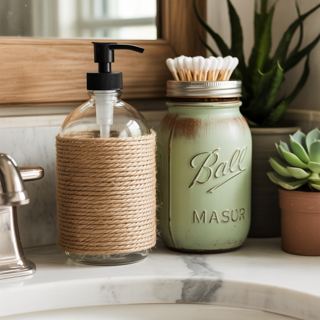 10 DIY Boho Bathroom Accessories You Can Make for Cheap 7 DIY Boho Bathroom Accessories with a twine-wrapped soap dispenser for a cozy bathroom with woven accents.