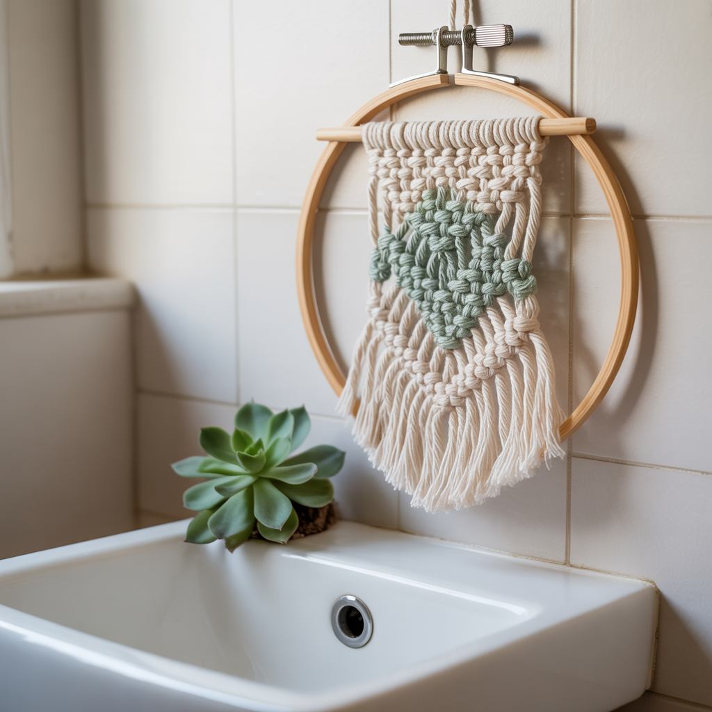 10 DIY Boho Bathroom Accessories You Can Make for Cheap 5 DIY Boho Bathroom Accessories with a woven wall hanging for a cozy bathroom with woven accents.