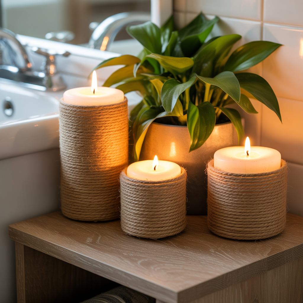 10 DIY Boho Bathroom Accessories You Can Make for Cheap 9 DIY Boho Bathroom Accessories with jute-wrapped candle holders for a cozy bathroom with vintage charm.