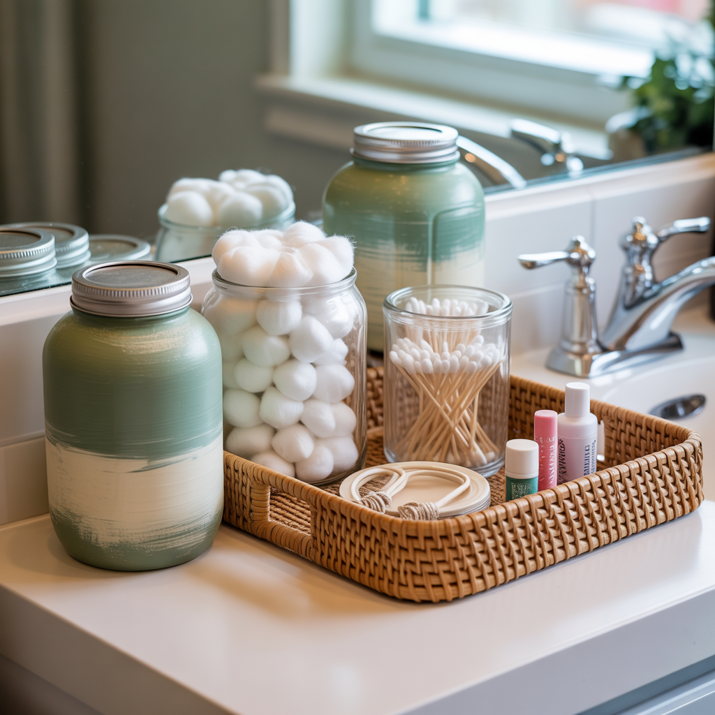 10 DIY Boho Bathroom Accessories You Can Make for Cheap 4 DIY Boho Bathroom Accessories with painted glass jars for a cozy bathroom with vintage charm.