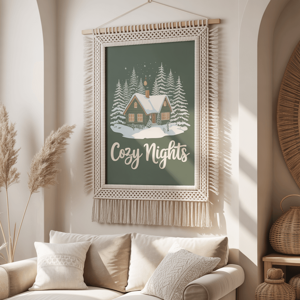 DIY Boho Christmas Décor with gingerbread frame on a shelf.