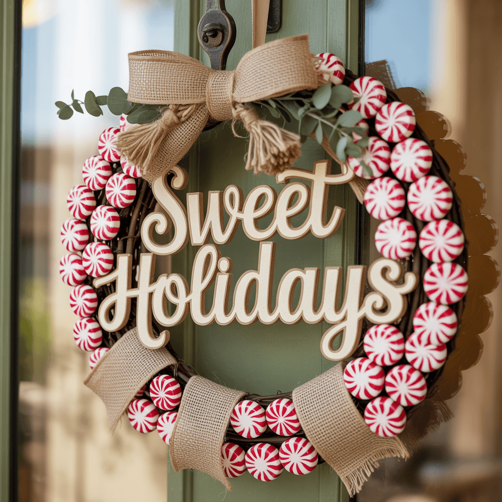 DIY Boho Christmas Décor with peppermint wreath on a door.