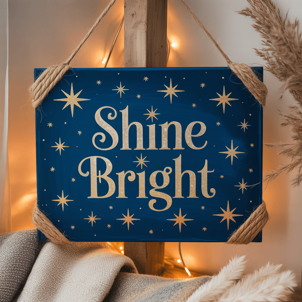 DIY Boho Christmas Décor with starry night sign on a wall.