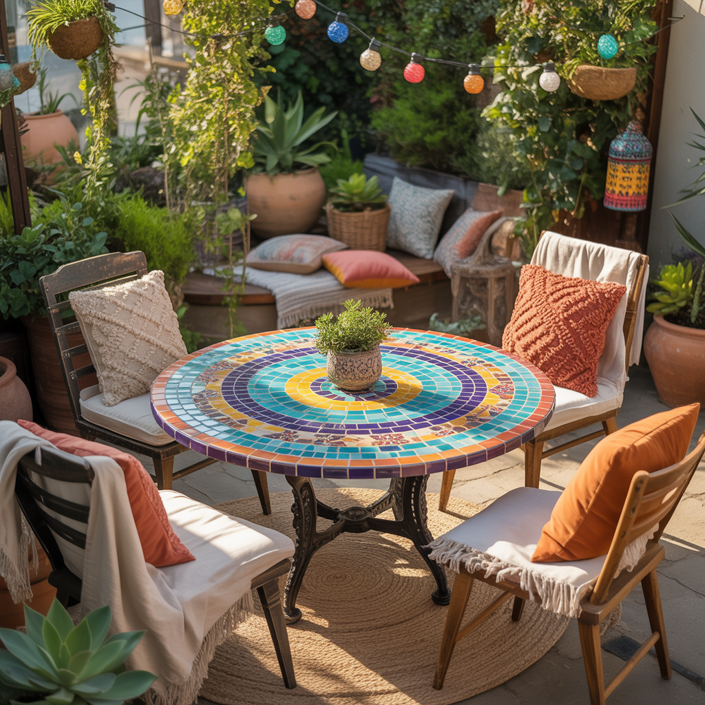 10 Best DIY Boho Garden Ideas for a Whimsical Outdoor Space 9 DIY Boho Garden Ideas with a colorful mosaic table in a boho garden setting.