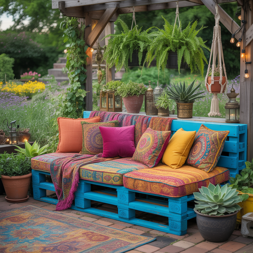 10 Best DIY Boho Garden Ideas for a Whimsical Outdoor Space 4 DIY Boho Garden Ideas with a colorful pallet sofa, cushions, and throws in a garden.