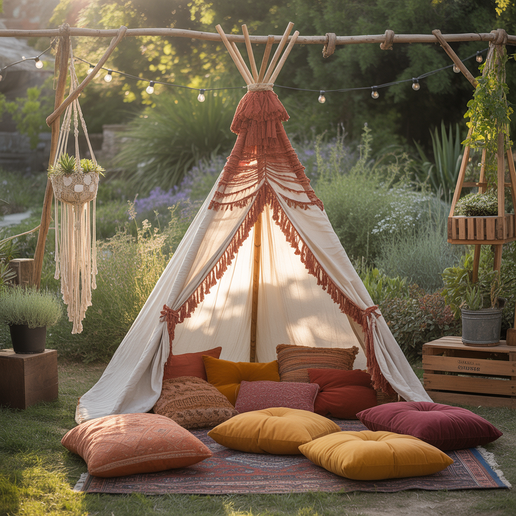 10 Best DIY Boho Garden Ideas for a Whimsical Outdoor Space 10 DIY Boho Garden Ideas with a fabric teepee filled with cushions in a garden.