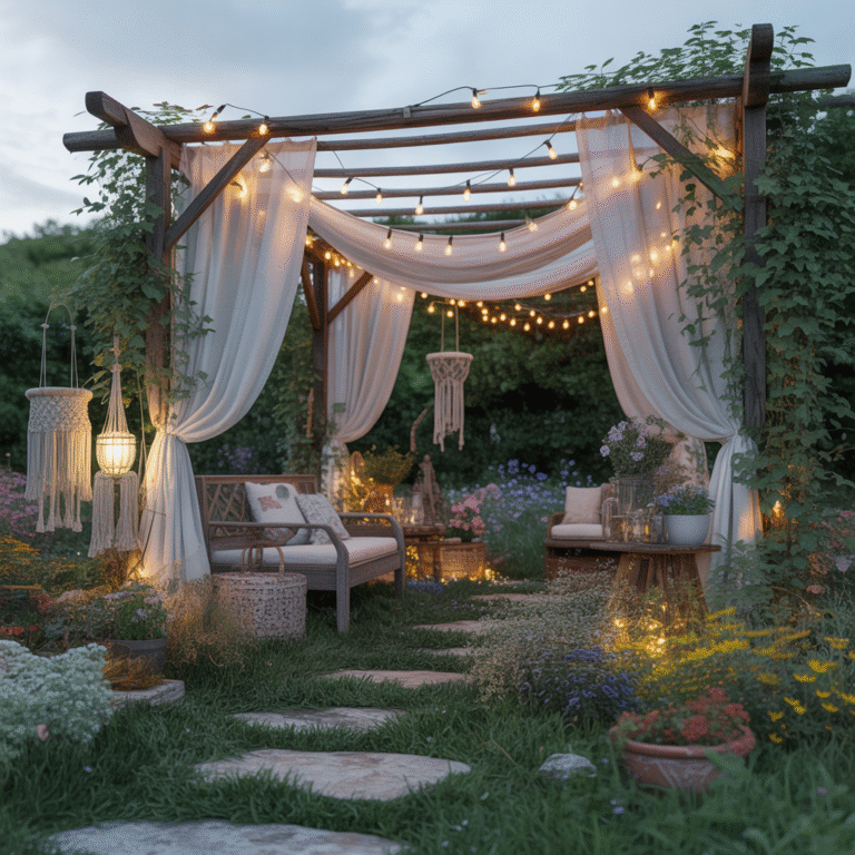 DIY Boho Garden Ideas with a fairy light canopy over a pergola in a whimsical garden.