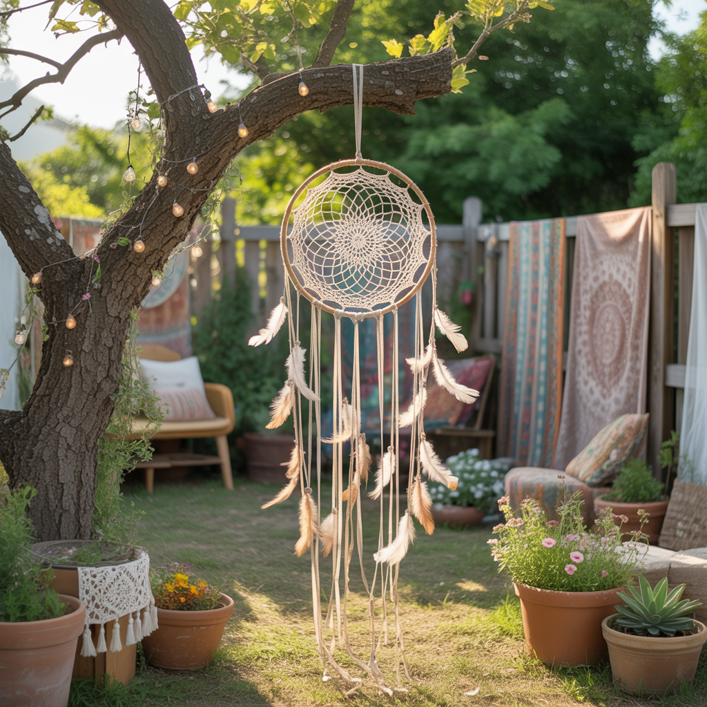 10 Best DIY Boho Garden Ideas for a Whimsical Outdoor Space 8 DIY Boho Garden Ideas with a lace dreamcatcher hanging from a tree in a garden.
