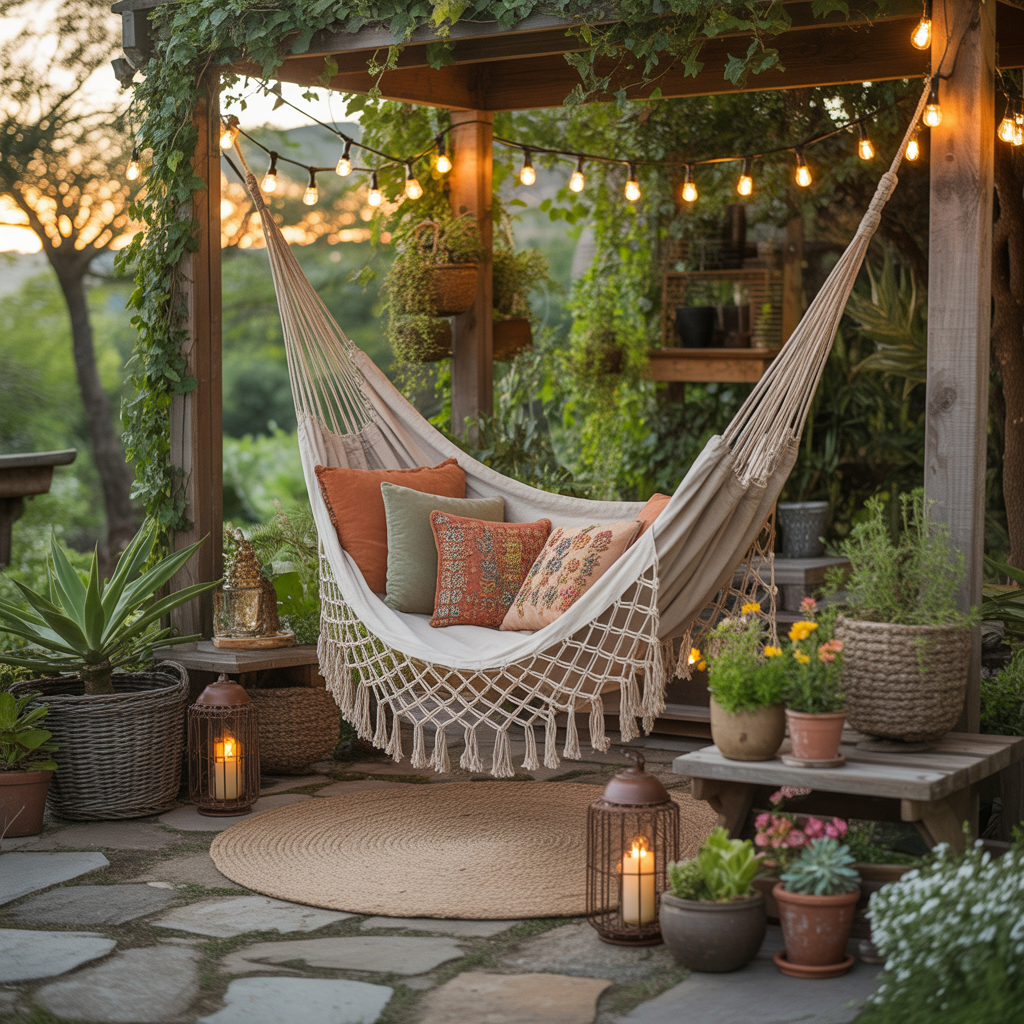 10 Best DIY Boho Garden Ideas for a Whimsical Outdoor Space 12 DIY Boho Garden Ideas with a woven hammock, pillows, and lanterns in a garden.