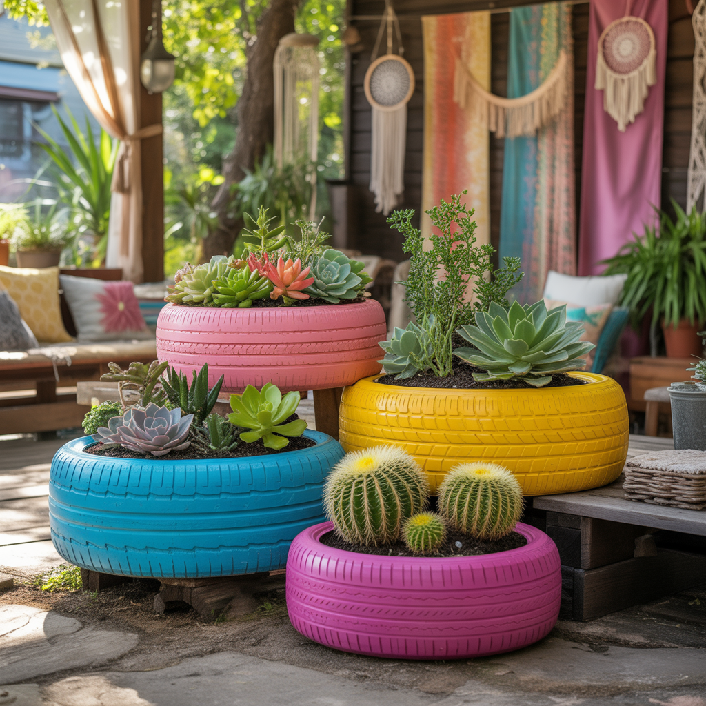 10 Best DIY Boho Garden Ideas for a Whimsical Outdoor Space 7 DIY Boho Garden Ideas with brightly painted tire planters holding succulents