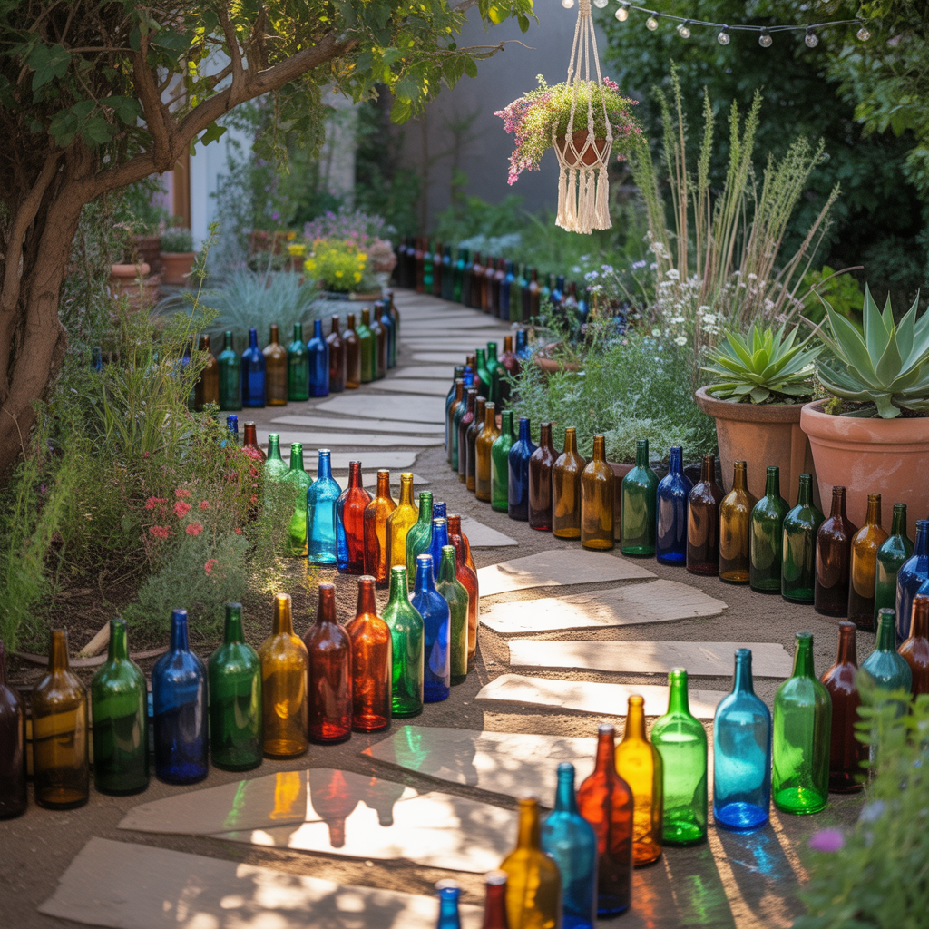 10 Best DIY Boho Garden Ideas for a Whimsical Outdoor Space 11 DIY Boho Garden Ideas with colorful glass bottle borders along a garden pathway.