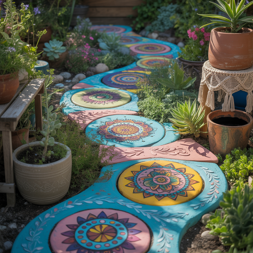 10 Best DIY Boho Garden Ideas for a Whimsical Outdoor Space 6 DIY Boho Garden Ideas with colorful painted pebble pathways winding through a garden.
