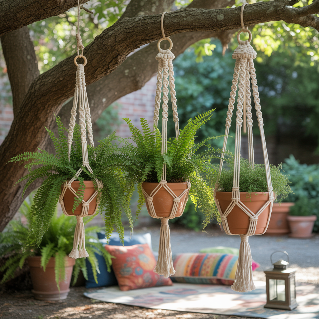 10 Best DIY Boho Garden Ideas for a Whimsical Outdoor Space 3 DIY Boho Garden Ideas with macramé plant hangers holding potted ferns under a tree.