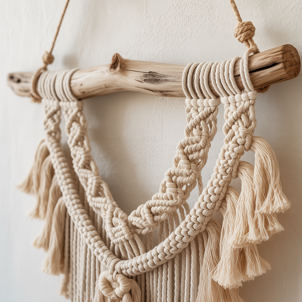 10 Eye-Catching DIY Boho Wall Art Ideas to Add Personality to Your Space 3 DIY Boho Wall Art Ideas with a macramé wall hanging on a driftwood dowel.