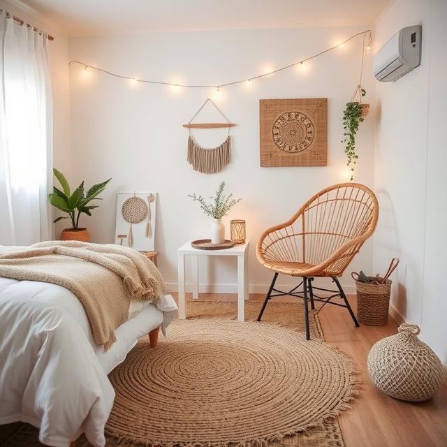 DIY Boho home décor bedroom with plants, woven lamps, and soft lighting.