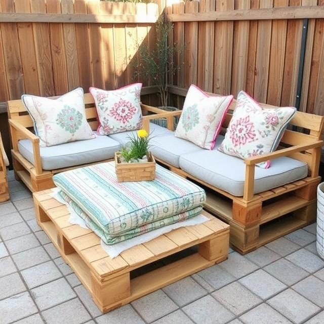 10 Outdoor Boho Patio Ideas for a Cozy Backyard Retreat (2025) 10 DIY Boho patio furniture made from wooden pallets and cushions.