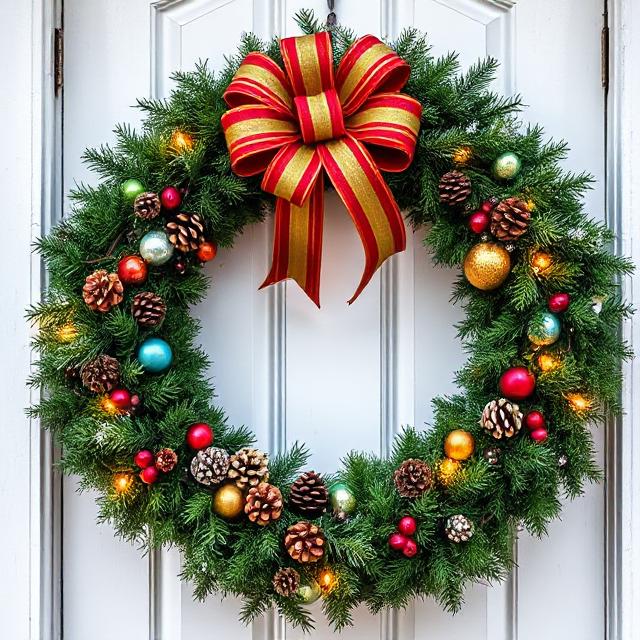 DIY Christmas wreath with evergreen garland, red ribbon, and pinecones