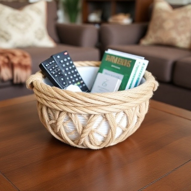 DIY Dollar Tree rope basket used for stylish storage