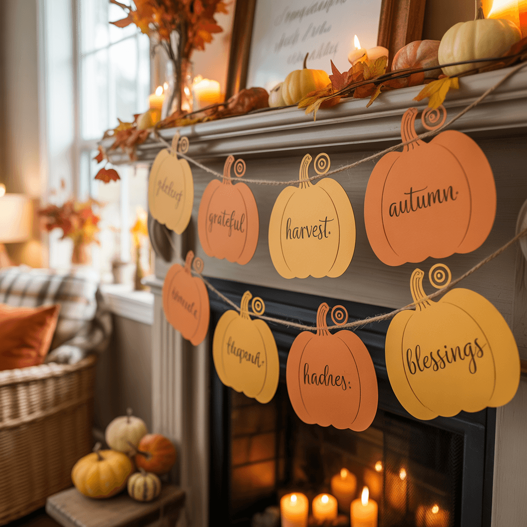 DIY Pumpkin Tags as banner labels in a fall home setting.