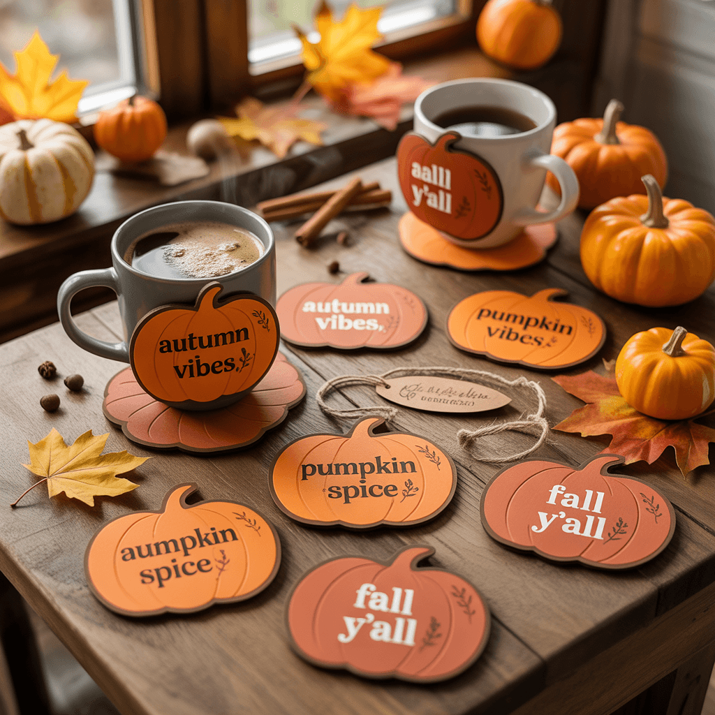 DIY Pumpkin Tags as coaster stickers on a fall coffee table.